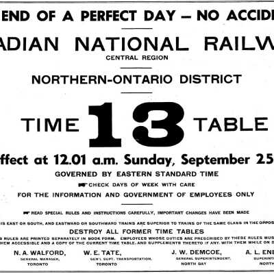 Timetables, CNR Northern-Ontario District 13, September 25th 1955.