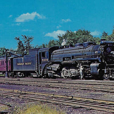 Canadian Pacific Postcard showing Steam Engine 5339 at Mattawamkeag, Maine, 1951