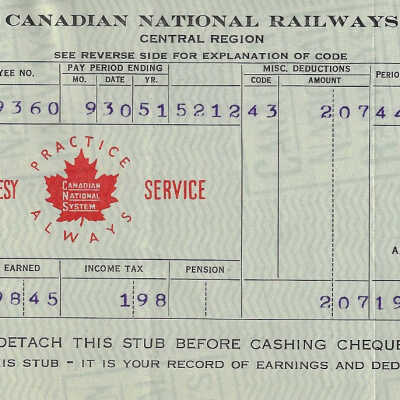 Canadian National Statement of Earnings and Deductions belonging to Frank Mazzuca