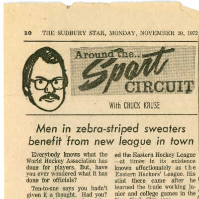 "Men in zebra-striped sweaters benefit from new league in town" in Sudbury Star, November 20, 1972