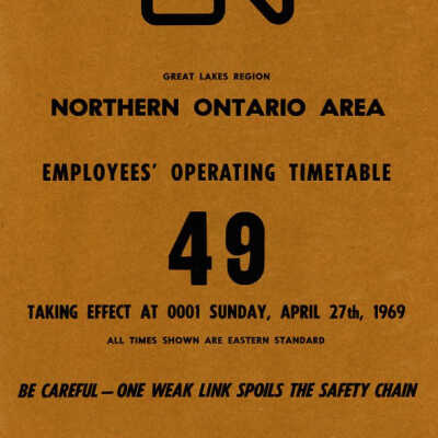 Employee Timetable, CN Rail, Northern Ontario Area 49, April 27th 1969.