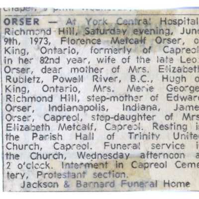 Document, Obituary, Florence Metcalf.