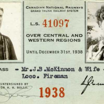 Canadian National Railways Central and Western Regions Pass, J. B. McKinnon and Wife, 15 Years Service, 1938