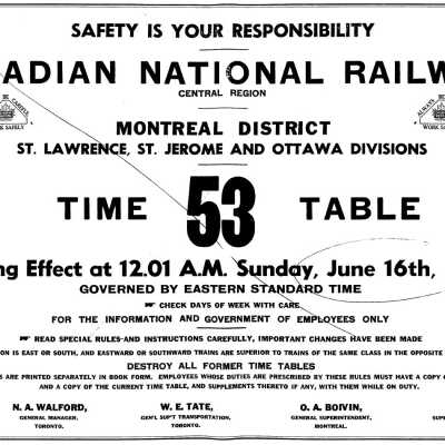Timetable, CNR Montreal District 53, June 16th 1957.