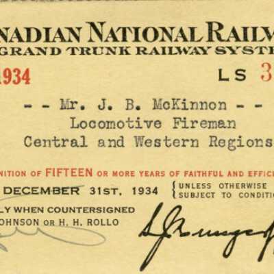 Canadian National Railways Central and Western Regions Pass, J. B. McKinnon, 15 Years Service, 1933-1934