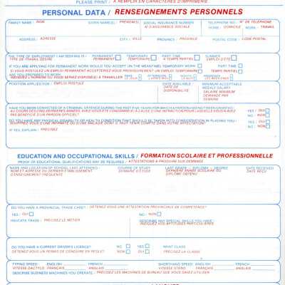 Document, CN Application for Employment Form, CN 85-8-8/80, Blank.