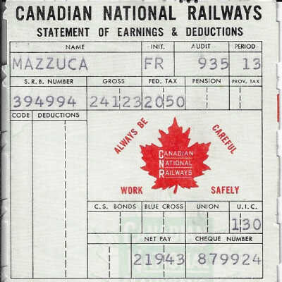 Canadian National Statement of Earnings and Deductions belonging to Frank Mazzuca