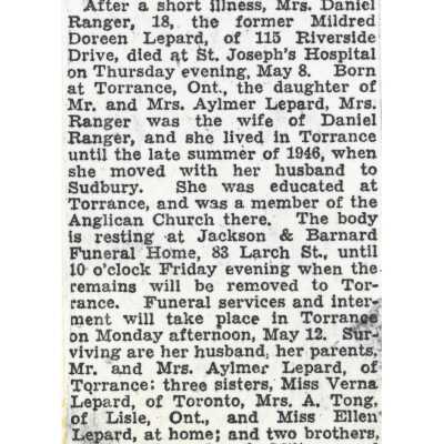 Document, Obituary, Daniel Ranger.