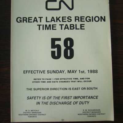 CN Great Lakes Region Time Table No. 58, Effective Sunday, May 1st, 1988