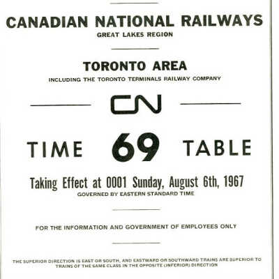 Employee Timetable, CN Rail, Toronto Area 69, August 6th 1967.