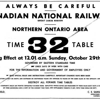 Timetable, CNR Northern Ontario 32 October 29th 1961.