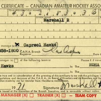 Hockey Player's Registration Certificate belonging to Marshall R. Edwards