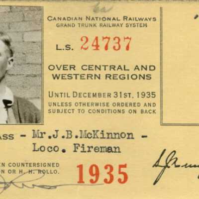Canadian National Railways Central and Western Regions Pass, J. B. McKinnon, 15 Years Service, 1935