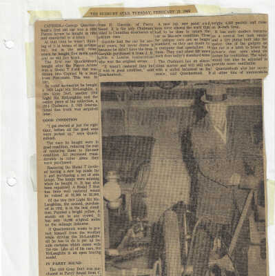 Article, "Capreol Man Has Valuable Collection of Antique Cars," The Sudbury Star, February 18th 1969