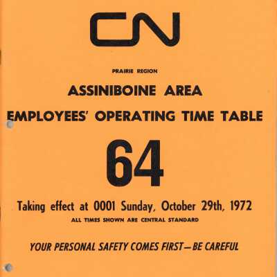 CN Employee Operating Time Table 64 for Prairie Region, Assinboine Area, Effective Sunday, October 29th, 1972