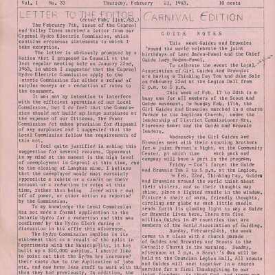 The Capreol and Valley Times: Vol 1 (33) February 21, 1963