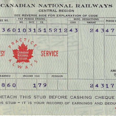 Canadian National Statement of Earnings and Deductions belonging to Frank Mazzuca