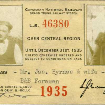 Canadian National Railways: Central Region Pass, Jas Byrnes and Wife, 1935