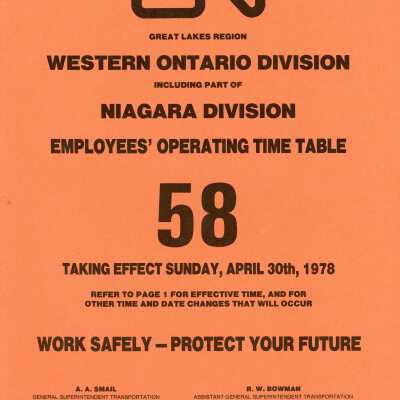Employee Timetable, CN Rail, Great Lakes Region, Western Ontario Division, Including Part of Niagara Division, Timetable 58, April 30th 1978.