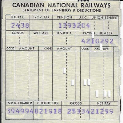 Canadian National Statement of Earnings and Deductions belonging to Frank Mazzuca