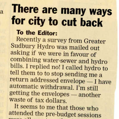 "Letter to the Editor" in Sudbury Star, 29 March 2004