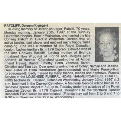 Document, Obituary, Doreen Ratcliff.