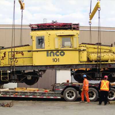INCO Locomotive #101 Being Placed onto a Flatbed to be brought to Prescott Park