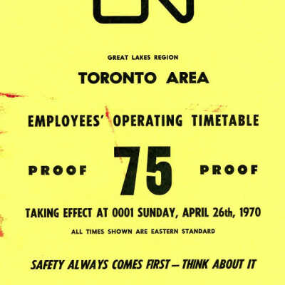 Employee Timetable, CN Rail, Toronto Area 75, April 26th 1970.