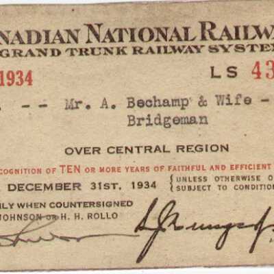 Canadian National Railways: Central Region Pass, A. Bechamp and Wife, 1933-1934