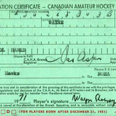 Hockey Player's Registration Certificate belonging to Wayne Chorney