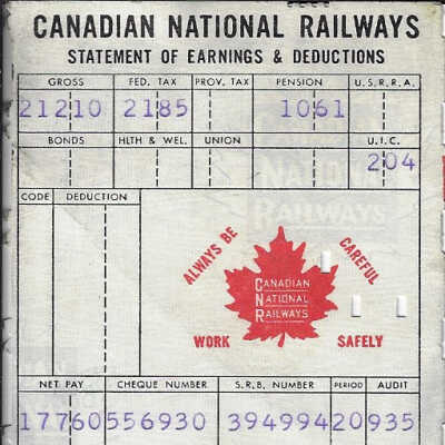 Canadian National Statement of Earnings and Deductions belonging to Frank Mazzuca
