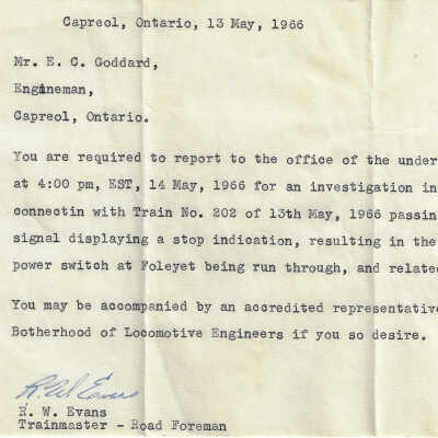 Canadian National: Letter Addressed to E. C. Goddard, Capreol ON, 1966
