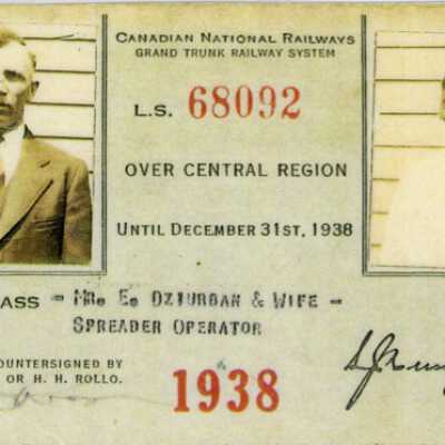 Canadian National Railways: Central Region Pass Issued to E Dziurban and Wife, 1938.