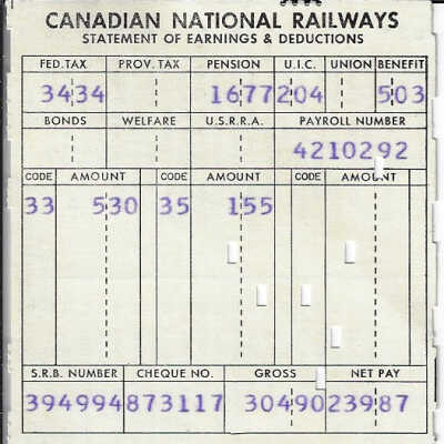 Canadian National Statement of Earnings and Deductions belonging to Frank Mazzuca
