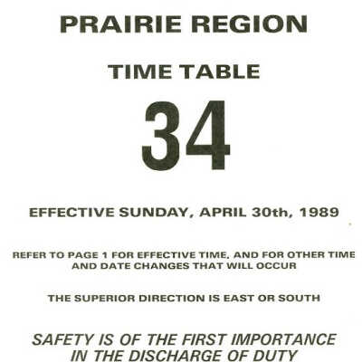 Employee Timetable, CN Rail, Prairie Region 34, April 30th 1989.
