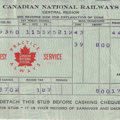 Canadian National Statement of Earnings and Deductions belonging to Frank Mazzuca