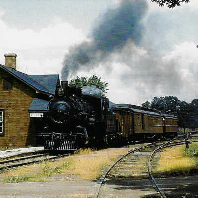 Canadian Pacific Postcard showing Steam Engine #526 pulling a Mixed Train into the Station in Elora, ON, 1955