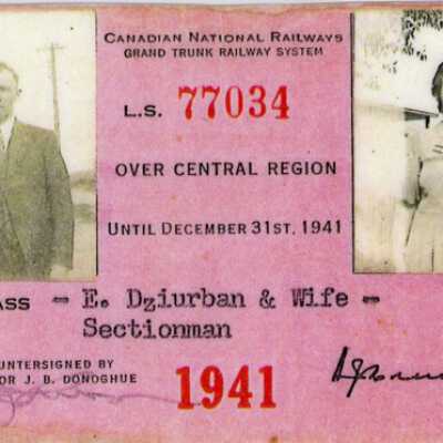 Canadian National Railways: Central Region Pass Issued to E Dziurban and Wife, 1941
