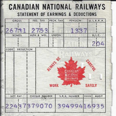 Canadian National Statement of Earnings and Deductions belonging to Frank Mazzuca