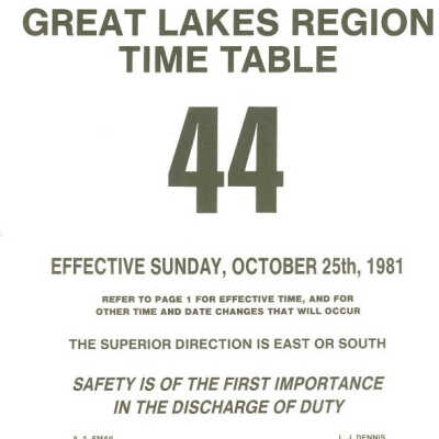 Employee Timetable, CN Rail, Great Lakes Region 44, October 25th 1981.