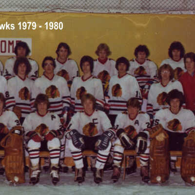 Photograph, 1979 -1980 Capreol Midget Hawks. Greg Tolenko, Jacque Legault, Mark Bonin, Mike Bolsvenue, Tim Burns, Robert Brownridge, Andy Boudreau, Jeff Fennerty, Robert McGowan, Norm Duguay, David Irving, Harvey Dasti, Robert Gagne, Peter-John McKinnon, David Thompson, Scott Wood, Phil Higgins, Peter Arsenault, Manager Don Fenerty, Coach Andy Boudreau.