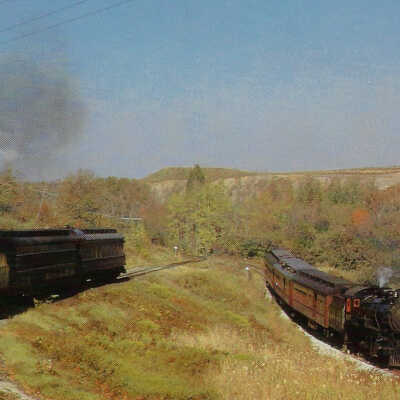 Canadian Pacific Postcard showing Steam Engines #136 and #1057 in the Credit River Valley in Cataract, ON, 1975