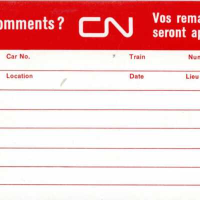 Document, Canadian National Railways Business Feedback Card, Blank.