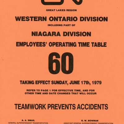 Employee Timetable, CN Rail, Great Lakes Region, Western Ontario Division, Including Part of Niagara Division, Timetable 60, June 17th 1979.