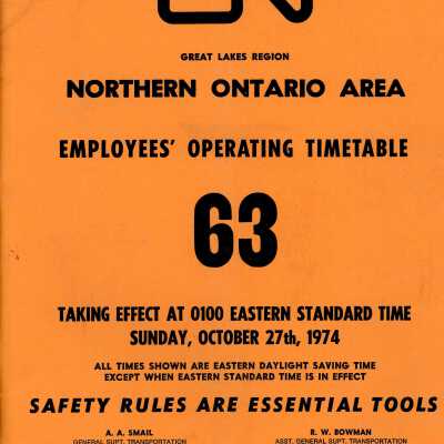 Timetable, CN Northern Ontario 63, October 27th, 1974.