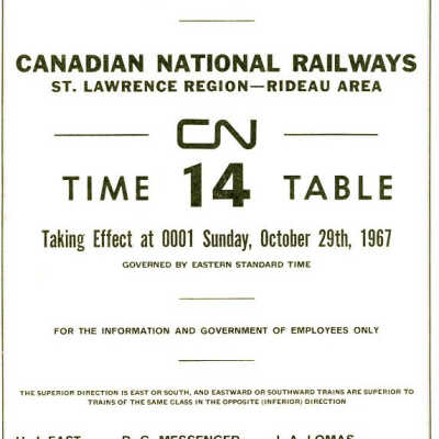 Employee Timetable, CN Rail, St. Lawrence Region 14, October 29th 1967.
