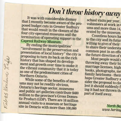 "Don't Throw History Away" in Northern Life, February 25 2004