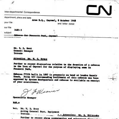 Document, CNR, Caboose Donation Form, October 31st, 1968. Document, CNR, Caboose Donation Letter, October 31st, 1968. 11144b