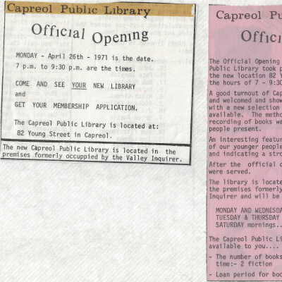 News Clippings, Capreol Public Library Official Opening