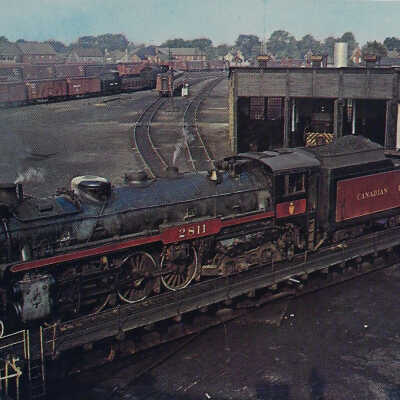 Canadian Pacific Postcard showing Hudson Type Steam Engine #2811 on the Turntable at Smiths Falls, ON, 1958